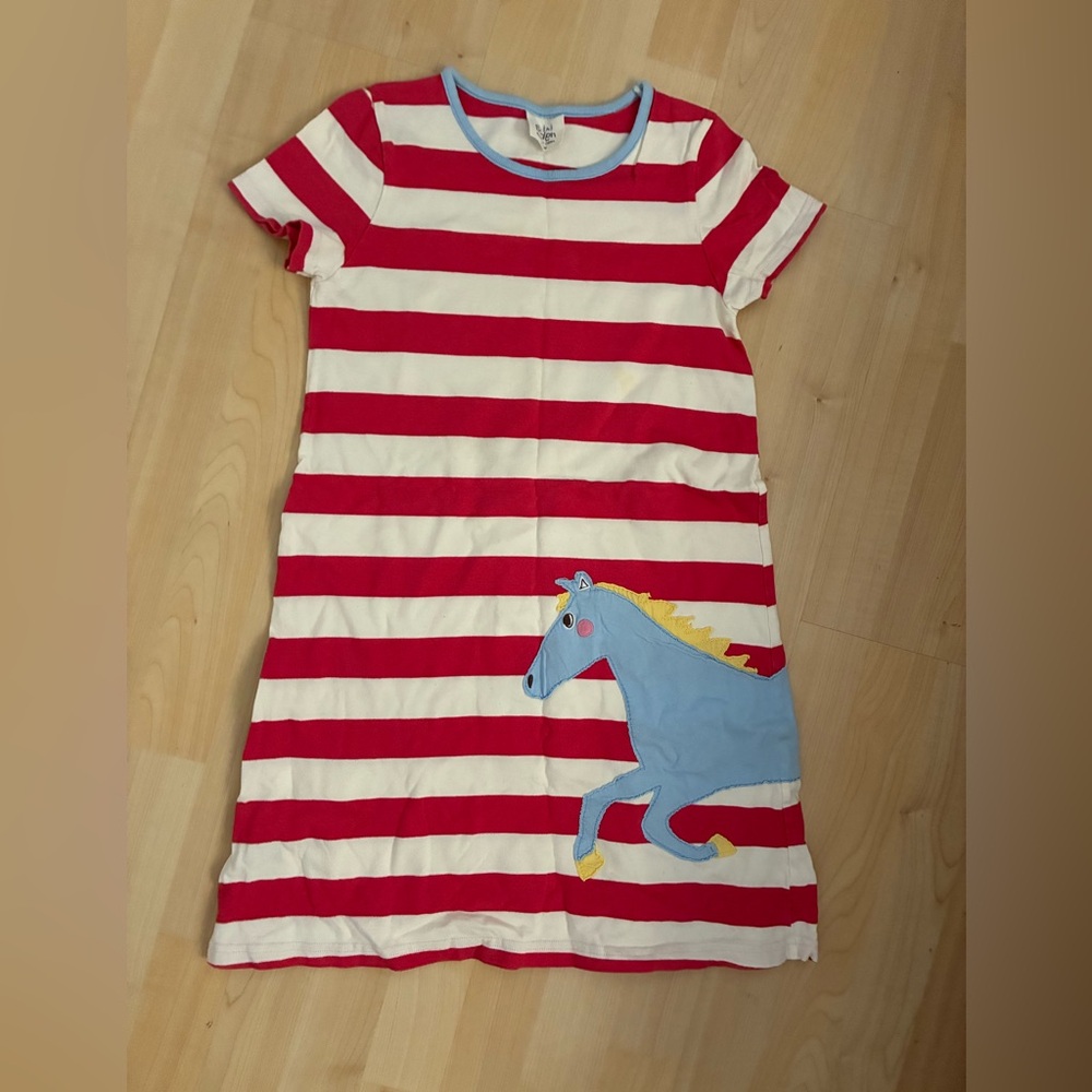 Boden Red and White Striped Dress with Blue Horse Appliqué 9-10